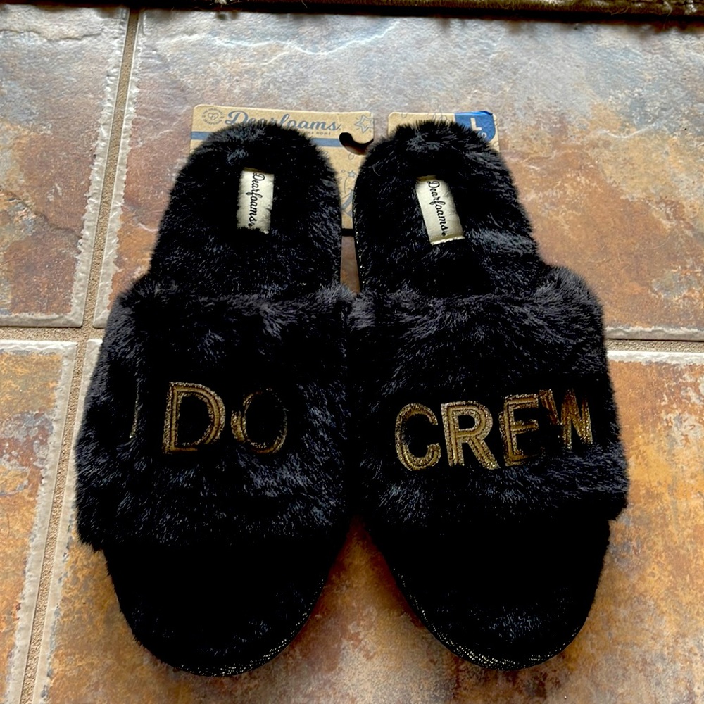 Dearfoams“I do crew” black slippers NWT